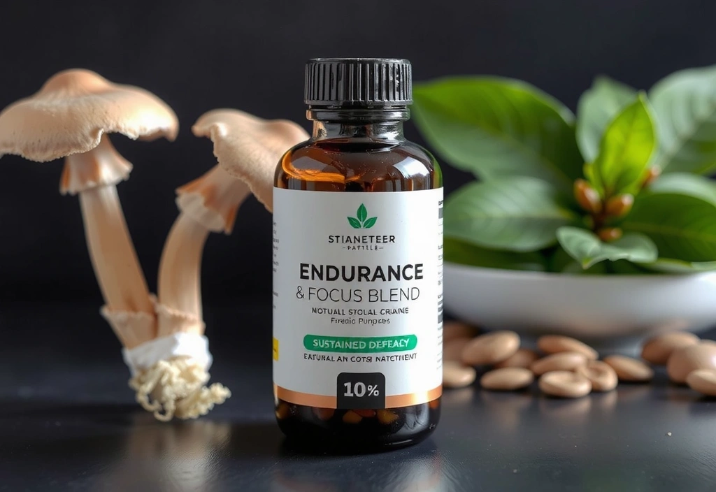 Minimalist product bottle for Endurance & Focus Blend with Cordyceps mushrooms and green tea leaves in the background.